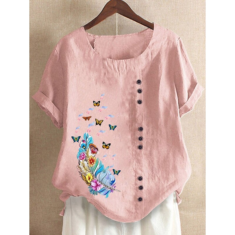 Women's 100% Cotton Blouse Graphic Butterfly Vintage Casual Short Sleeve Crew Neck Regular Tops Daily Going out Buttons Print Maroon White Pink Purple Summer Spring4