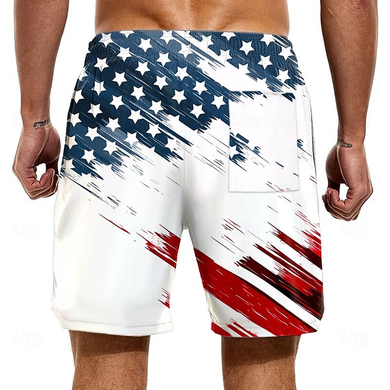 Men's American US Flag Patriotic Lined Shorts 2 in 1 Board Shorts Swim Shorts Mid Waist Hawaiian Vacation Holiday Beach Wear Side Pockets With Compression Liner Elastic Drawstring Waist Designer2