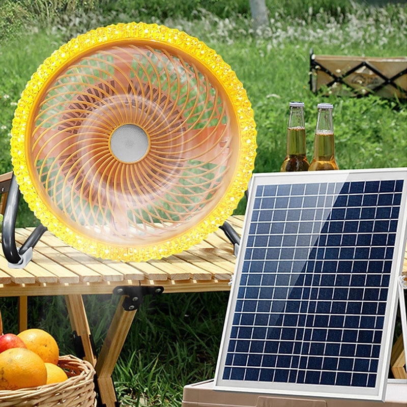 Battery Operated Solar Desk Fan with LED Light 3-in-1 Solar Panel Powered & DC Charger Powered & Power Bank 12'' Cordless High Velocity Floor Fan For Household Camping Travel Outdoor 1PC