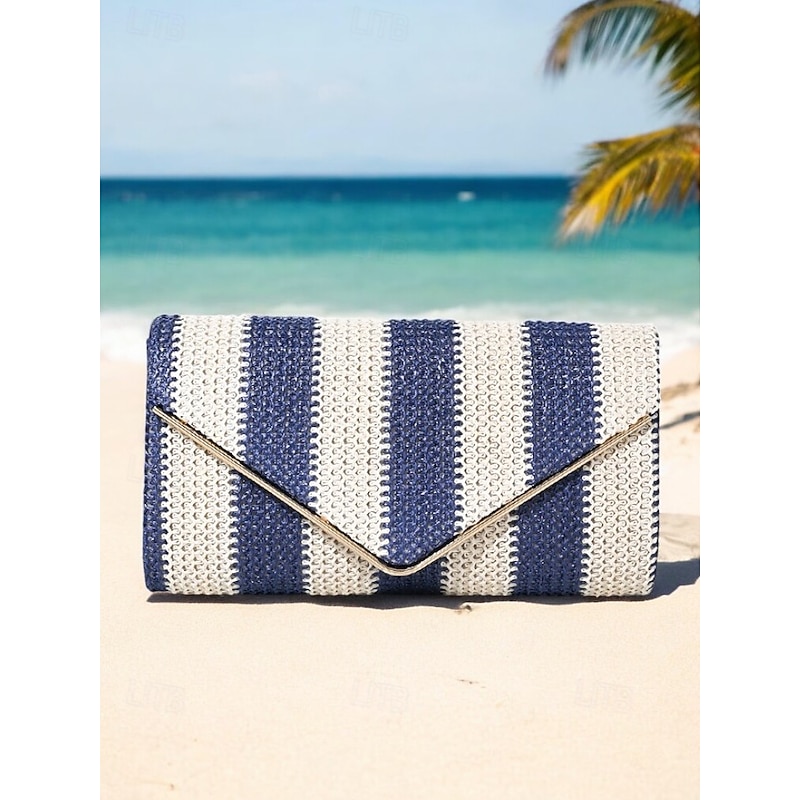Women's Striped Woven Envelope Clutch - With chain, can be carried on one shoulder or crossbody, fashionable and versatile, suitable for beach parties and daily use Black Red Khaki
