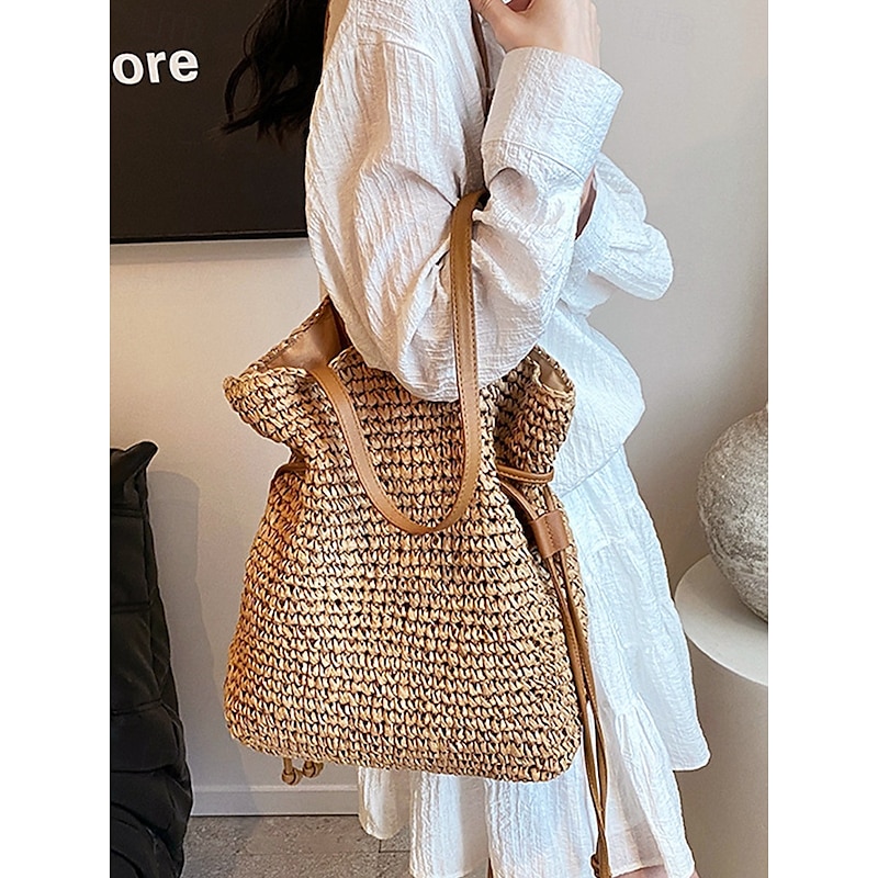 Handwoven Straw Bucket Bag – Boho Drawstring Shoulder Tote, Lightweight Summer Beach Handbag for Women, Casual Vacation & Travel Accessory Color Beige Coffee4
