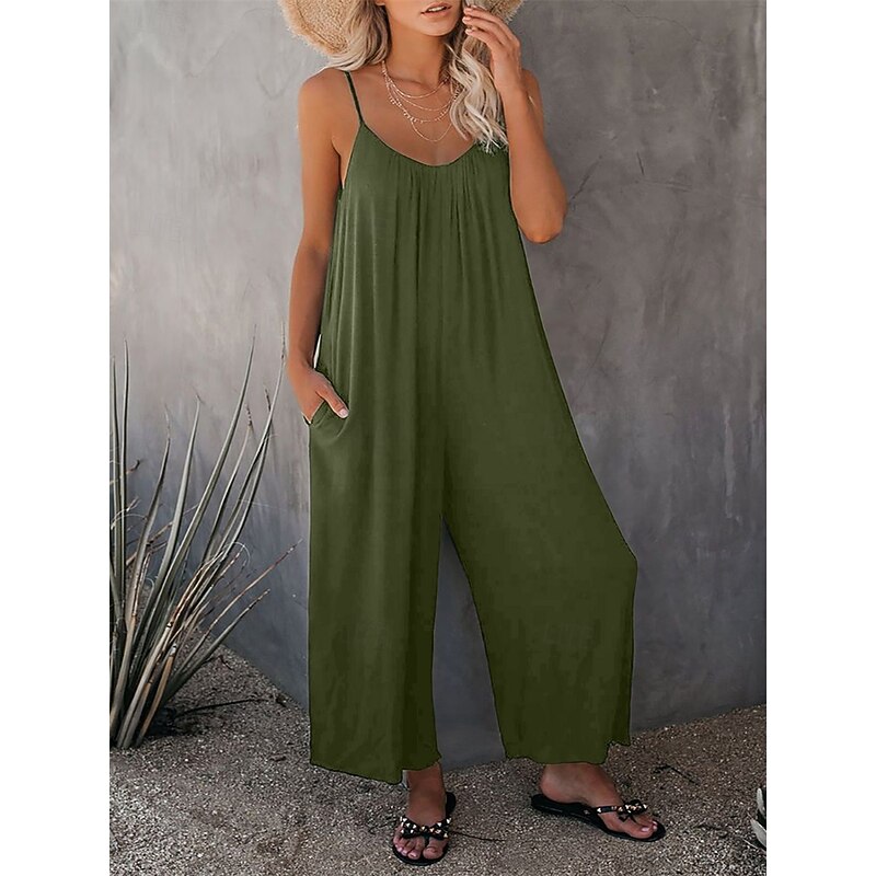 Women's Jumpsuit Active Solid Color Sleeveless U Neck Vacation Daily Loose Fit Black Army Green Red Summer