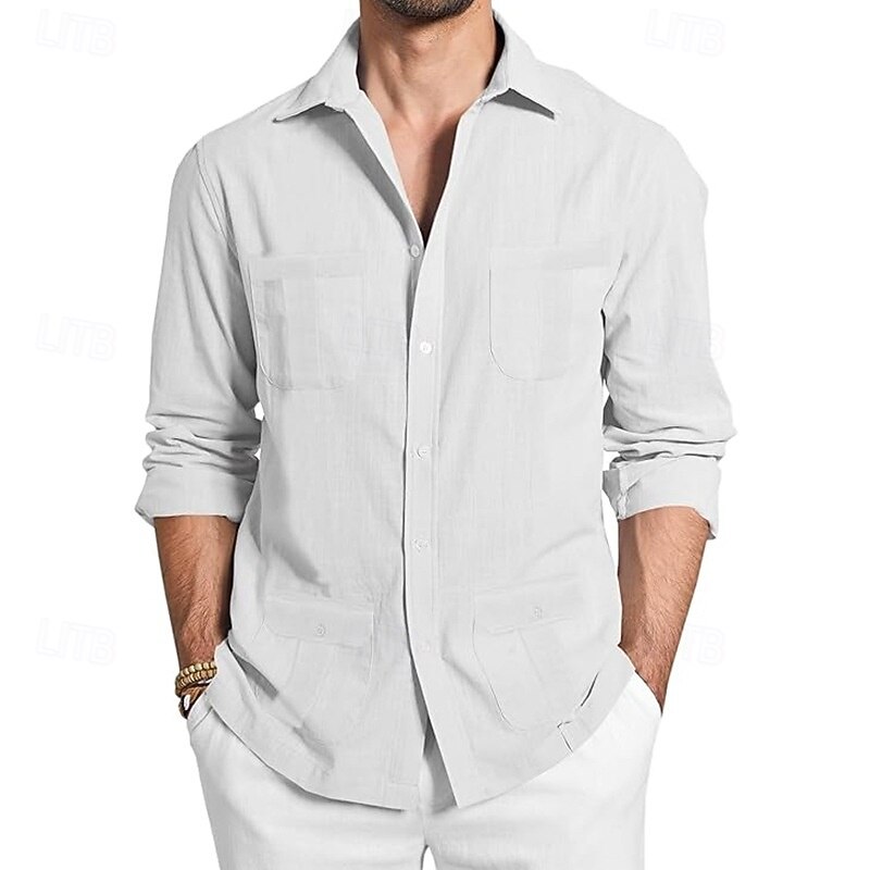 Men's Shirt Linen Shirt Casual Shirt Button Up Shirt Cotton Shirt Guayabera Plain Vacation Hawaiian Black White Green Apricot Long Sleeve Lapel Spring Fall Clothing Apparel Front Pocket4