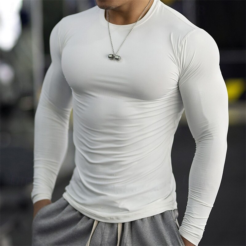 Men's Gym Shirt Compression Shirt Fitness Shirt Crew Neck Long Sleeve Casual Daily Gym Quick dry High Stretch Sweat wicking Patchwork Plain Black White non-printing Activewear Polyester4
