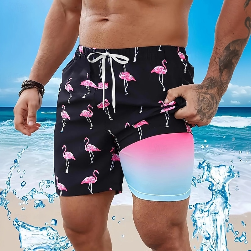 Men's Flamingo Bird Lined Shorts Swim Shorts Board Shorts Mid Waist Hawaiian Vacation Holiday Beach Wear Side Pockets With Compression Liner Elastic Drawstring Waist Designer Clothing Apparel