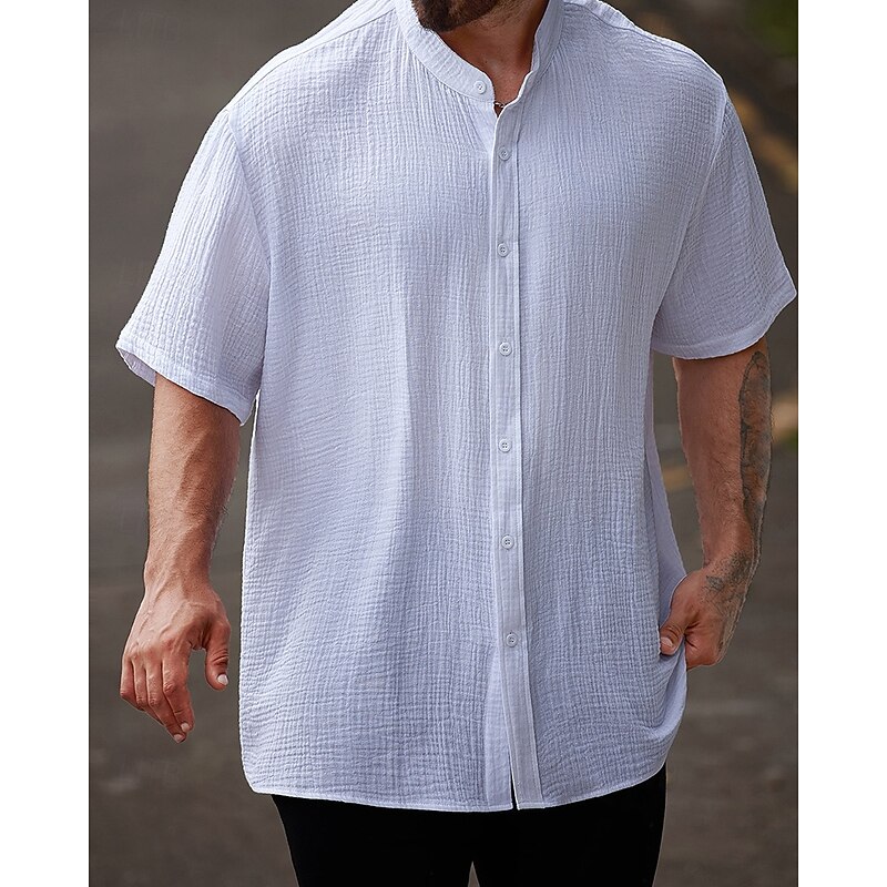 Men's Cotton Linen Shirt Plain Vacation White Short Sleeve Grandad Collar Summer Clothing Apparel4