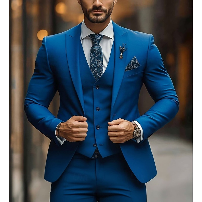 Men's Wedding Party Suits Blue Fashion Business Solid Colored Standard Fit 3 Piece Single Breasted Two-buttons3