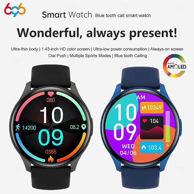 696 ZW60 Smart Watch Fitness Tracker ECG PPG Bluetooth Call Reminder Android iOS IP67 44mm 1.432