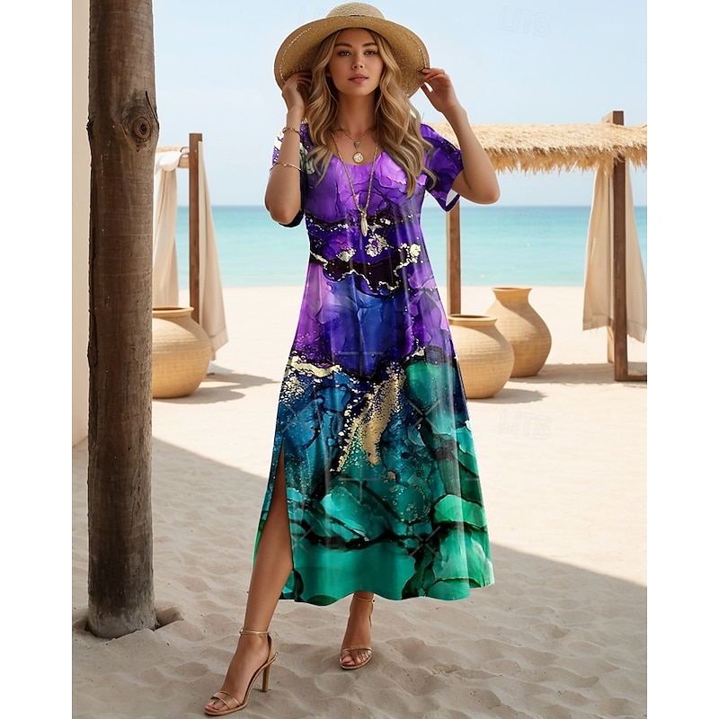 Women's Midi Dress Sundress A Line Dress Vacation Casual Boho Butterfly Sleeve Vacation Going out Regular Fit Floral Graphic Rainbow Short Sleeve Crewneck Light Purple Purple Rainbow Summer3