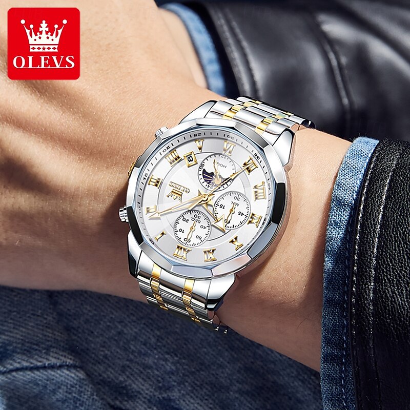 OLEVS 3675 Original Business Men Watch HD Rhombus Mirror Waterproof Moonphase Timing Watch Top Luxury Fashion Men Watch4