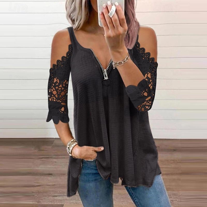 Women's Blouse Plain Modern Casual 3/4 Length Sleeve V Neck Regular Tops Daily Going out Zipper Cut Out Black White Pink Blue Gray Summer