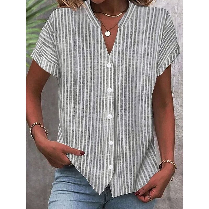 Women's Shirt V Neck Button Down Blouse Graphic Striped Stylish Beach Short Sleeve Shirt Collar Regular Tops Daily Buttons Print Pink Blue Green Gray Spring Fall