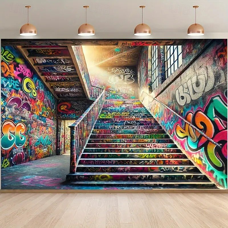 Graffiti Building Stairs Hanging Tapestry Wall Art Large Tapestry Mural Decor Photograph Backdrop Blanket Curtain Home Bedroom Living Room Decoration
