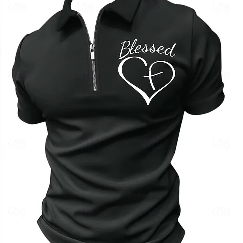 Easter Men's Men Heart Text / Number Zip Polo Short Sleeve Turndown Vintage Outdoor Daily 3D Print Summer White Red Brown4