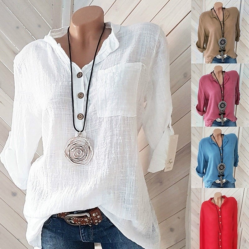 Women's Shirt Blouse Cotton Linen Shirts Plain Basic Modern Long Sleeve V Neck Regular Tops Daily Holiday Buttons Pocket White Pink Red Khaki Summer
