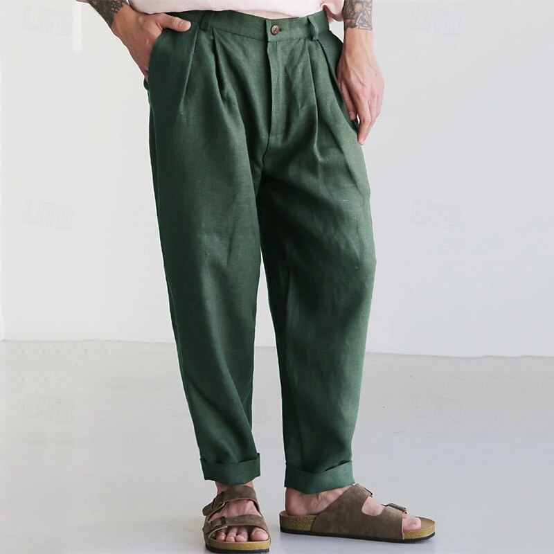 Men's Linen Pants Trousers Summer Pants Beach Pants Buttons Pocket Plain Comfort Breathable Vacation Daily Holiday Hawaiian Boho Dark Brown Black