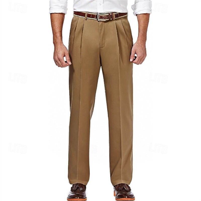 Men's Dress Pants Trousers Suit Pants Pleated Pocket Straight Leg Plain Comfort Soft Full Length Formal Business Daily Fashion Streetwear Dark Khaki Light Khaki
