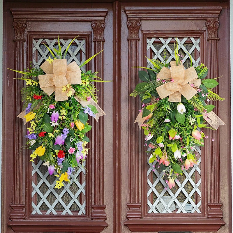 Spring Wreath Artificial Tulip & Greenery Hanging Decoration Romantic Wedding Backdrop & Window Display Ornament4