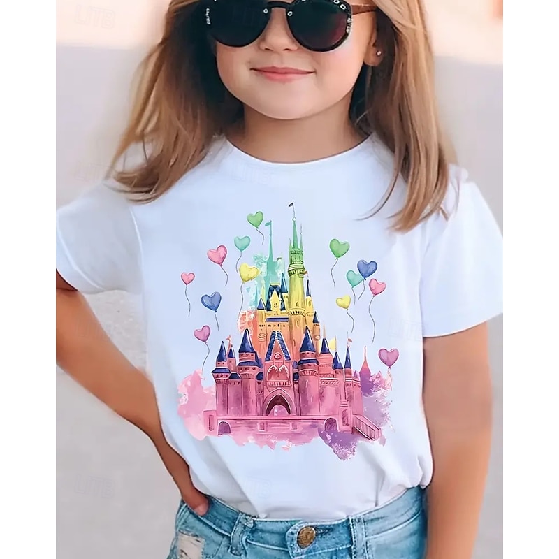 100% Cotton Kids Girls' White Pink Purple Graphic Castle T shirt Tee Crew Neck Short Sleeve Outdoor Vacation Daily Classic Casual Print Summer