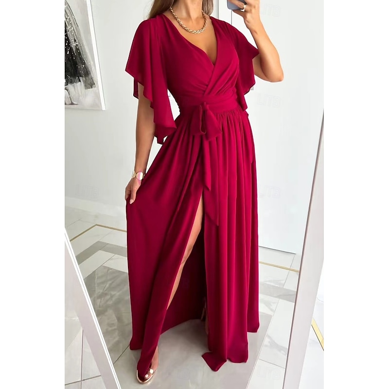 Women's Long Dress Maxi Dress Formal Dress Fashion Flare Cuff Sleeve Party Date Regular Fit Plain Short Sleeve V Neck Black Red Blue Khaki Summer3