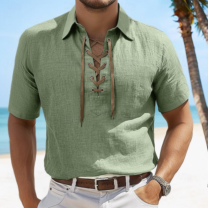 Men's Shirt Linen Shirt Summer Shirt Beach Shirt Plain Vacation Casual White Army Green Dark Gray Light Blue Short Sleeve Collar Summer Spring Clothing Apparel Drawstring