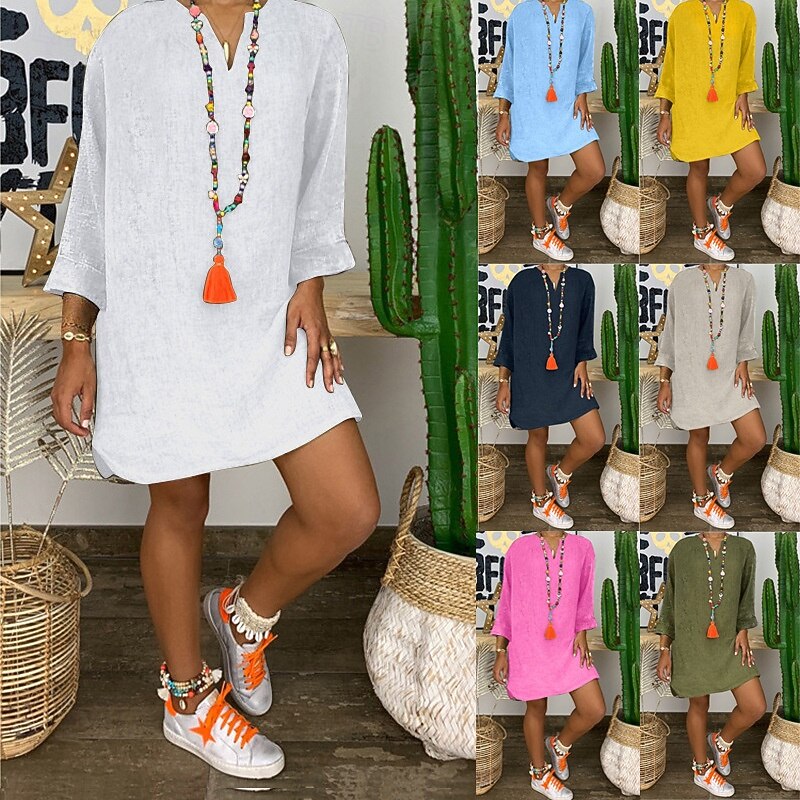 Women's Mini Dress Linen-Inspired Dresses Cotton Linen Dress Fashion Basic Classic Daily Going out Weekend Regular Fit Plain Long Sleeve V Neck White Yellow Army Green Navy Blue Summer
