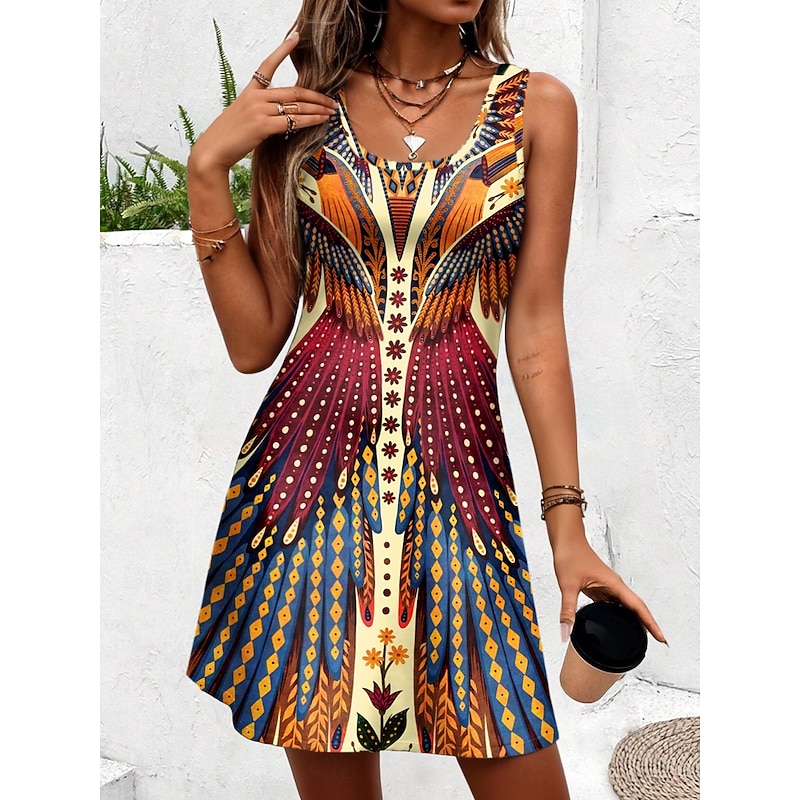 Women's Mini Dress A Line Dress Summer Dress Off The Shoulder Dress Bohemia Vacation Vintage Daily Loose Fit Floral Graphic Tropical Sleeveless U Neck Maroon Pink Blue Summer Spring
