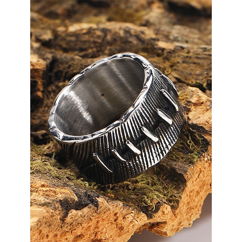 Mens Goth Punk Sewn Ring - Vintage Silver Ring for Biker, Rock and Halloween Fashion4