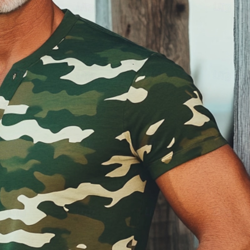 Men's Print Camouflage T Shirt Henley Shirt Short Sleeve Designer Retro Vintage Street Casual Daily Summer Spring Army Green Henley Henley T-Shirt3