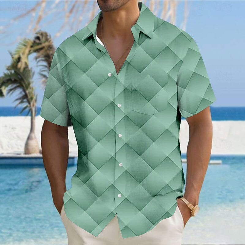 Men's Geometric Grid / Plaid Shirt Button Up Shirt Short Sleeve Fashion Casual Vacation Holiday Streetwear Summer Turndown 3D Print Collared Shirts Front One Pocket Yellow Blue Green Gray3