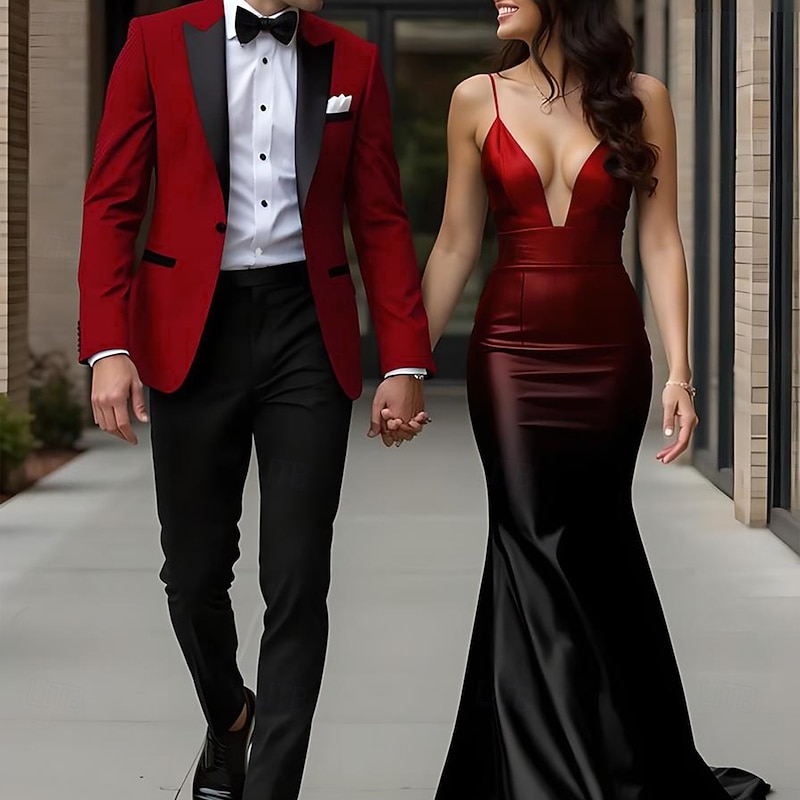 Men's Wedding Prom Party Suits Peaked Lapel Red Grape Fashion Formal Solid Colored Standard Fit 2 Piece Single Breasted One-button2