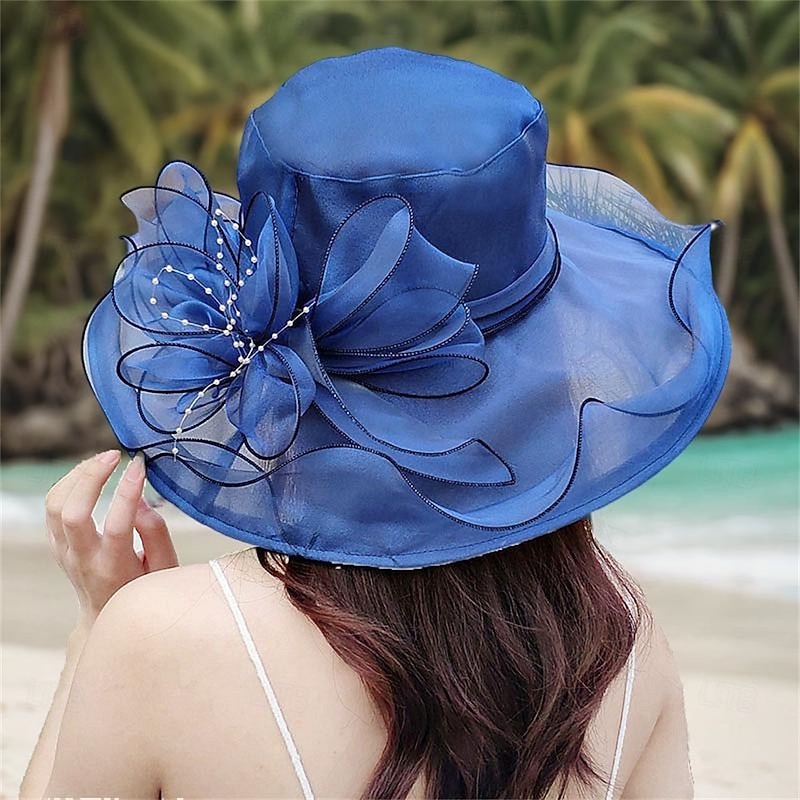 Hats Organza Sun Hat Wedding Holiday Tea Party Horse Race Cocktail Elegant Vintage Sun Protection With Floral Headpiece Headwear