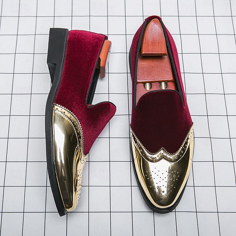 Men's Prom Shoes - Burgundy Velvet and Gold Patent Leather Slip-Ons with Brogue Detailing for Formal Wear4