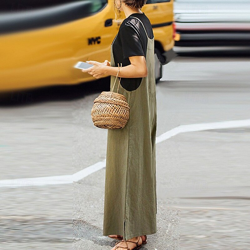 Women's Normal Jumpsuit Streetwear Solid Color Sleeveless Square Neck Backless Street Daily Regular Fit Black White Army Green Summer3