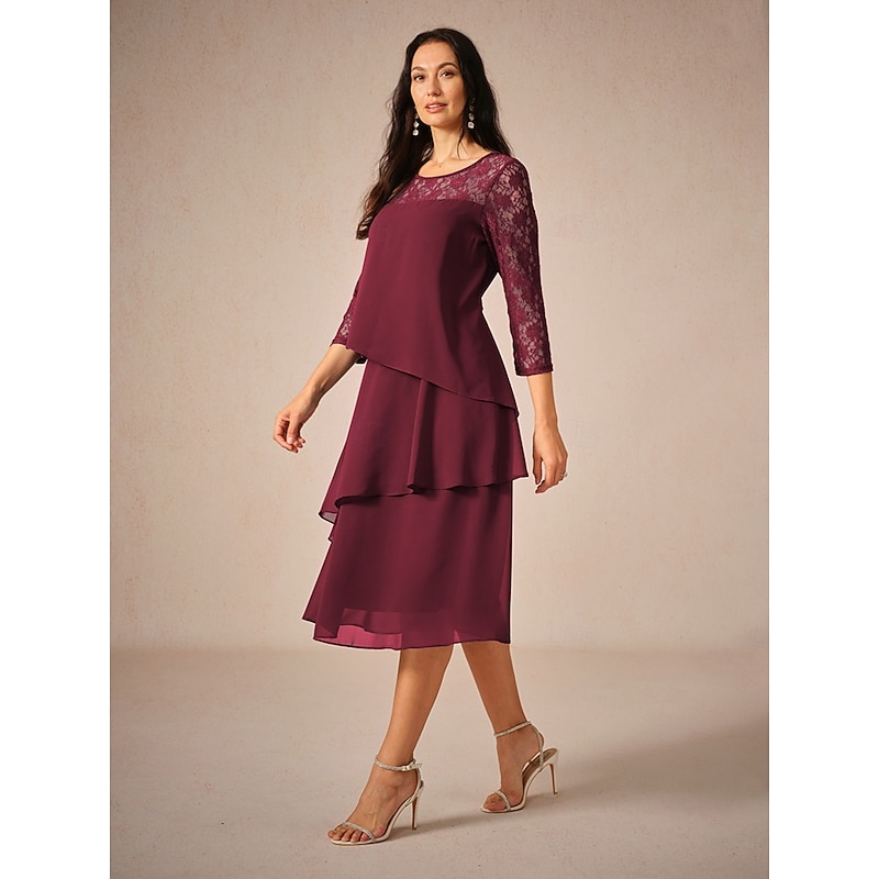 Women's Tea Length Lace Dress Party Dress Cocktail Dress Wedding Guest Dress Elegant Party Vacation Wedding Guest Cocktail Party Regular Fit Solid Color 3/4 Length Sleeve Crew Neck Wine Spring Fall3