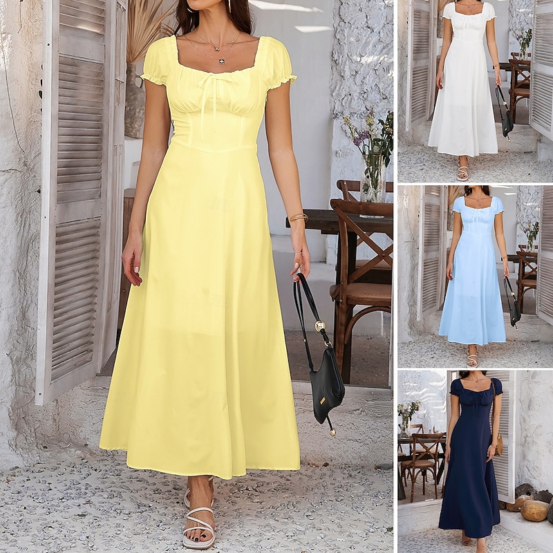 Women's Long Dress Maxi Dress White Dress Casual Dress Swing Dress Summer Dress Fashion Modern Elegant Dress Daily Date Weekend Regular Fit Plain Short Sleeve Square Neck Black White Yellow Navy Blue2