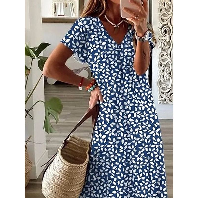 Women's Maxi Dress A Line Dress Summer Dress Elegant Vacation Casual Vacation Daily Regular Fit Floral Graphic Polka Dot Short Sleeve V Neck Dusty Blue Summer Spring Fall2