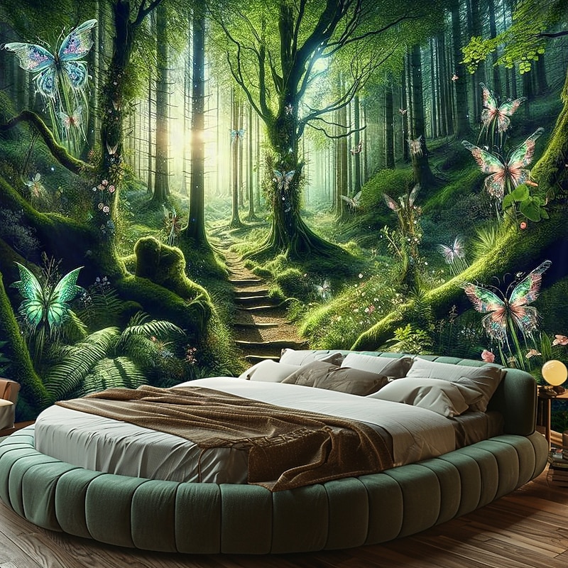 Landscape Forest Butterflies Hanging Tapestry Wall Art Large Tapestry Mural Decor Photograph Backdrop Blanket Curtain Home Bedroom Living Room Decoration3