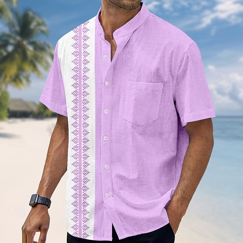 Men's Geometric Shirt Guayabera Shirt Stand Collar Shirt Short Sleeve Fashion Casual Vacation Holiday Beach Wear Summer Spring Mandarin Collar Band Collar Grandad Collar 3D Print Linen Like Shirt