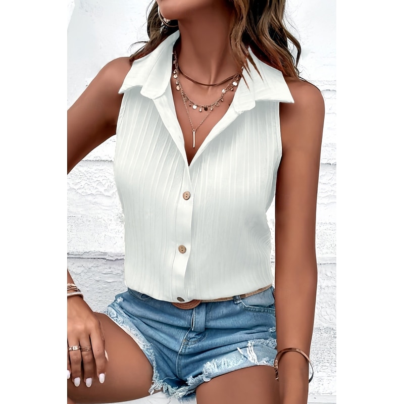 Women's Shirt Blouse Plain Modern Sleeveless Shirt Collar Regular Tops Holiday Going out Buttons Black White Summer