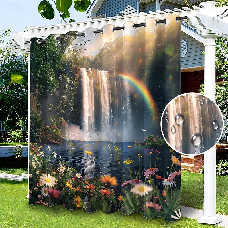 Waterproof Outdoor Curtain Privacy, Sliding Patio Curtain Drapes, Pergola Curtains Grommet Rainbow River Landscape For Gazebo, Balcony, Porch, Party, 1 Panel