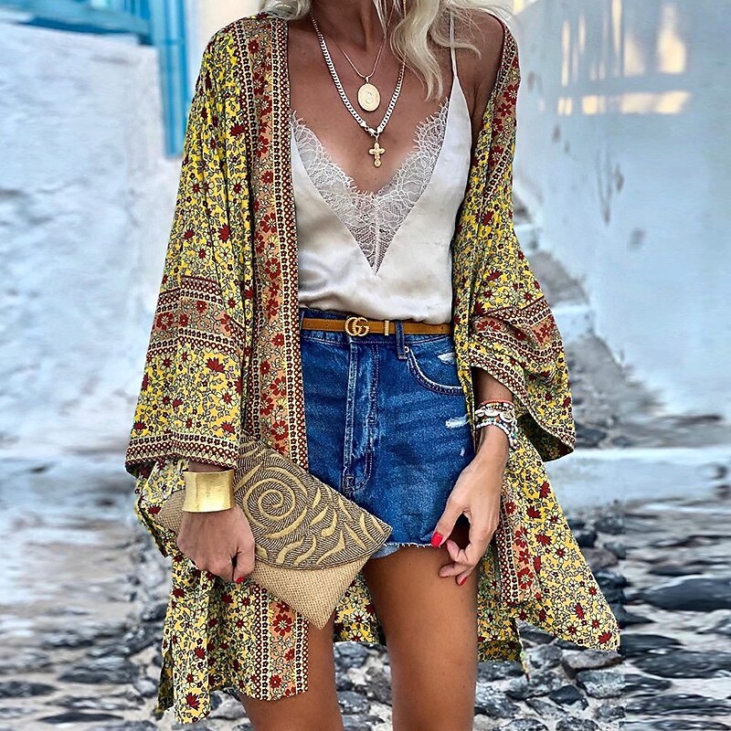 Women's Blouse Flower Modern Casual Long Sleeve Asymmetrical Long Tops Daily Holiday Going out Print Yellow Pink Purple Green Summer3