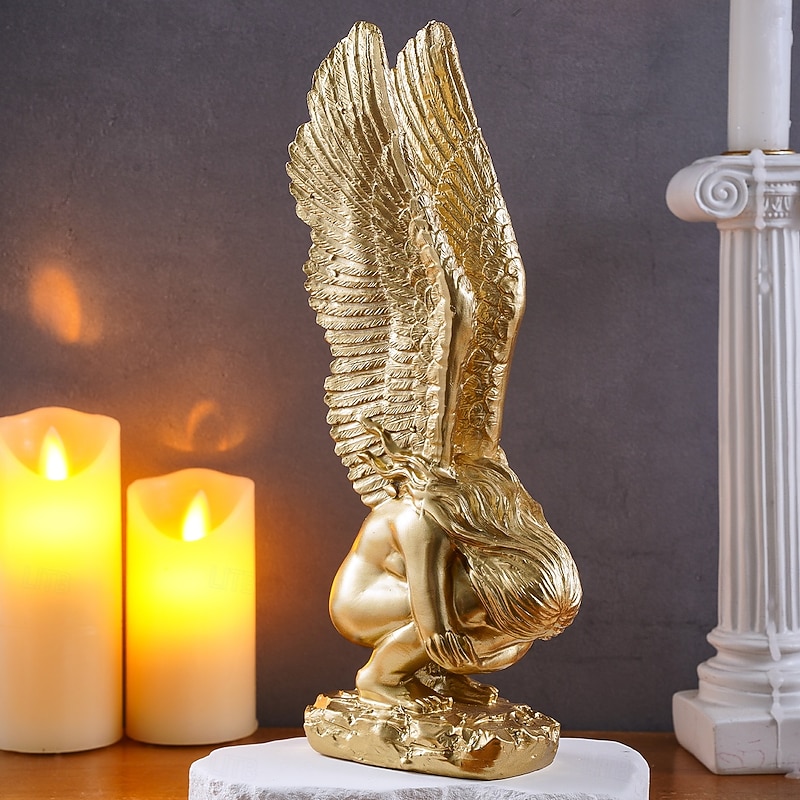 Gold Kneeling Angel Desktop Decoration, Resin Material Salvation Angel Sculpture, Handmade Craft for TV Background Wall, Entryway, Study, and Office D