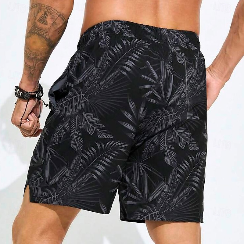 Men's Palm Leaf Tropical Plants Lined Shorts 2 in 1 Board Shorts Swim Shorts Mid Waist Hawaiian Vacation Holiday Beach Wear Side Pockets With Compression Liner Elastic Drawstring Waist Designer2