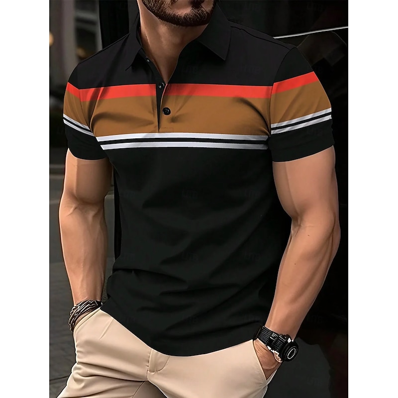 Men's Polo Shirts Golf Shirt Business Casual Ribbed Polo Collar Short Sleeve Fashion Basic Color Block Stripes Buttons Summer Spring &  Fall Regular Fit Black Polo Shirts