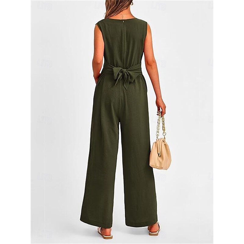 Women's Jumpsuit Active Solid Color Sleeveless V Neck High Waist Vacation Daily Linen Like Regular Fit Black Wine Army Green Summer4