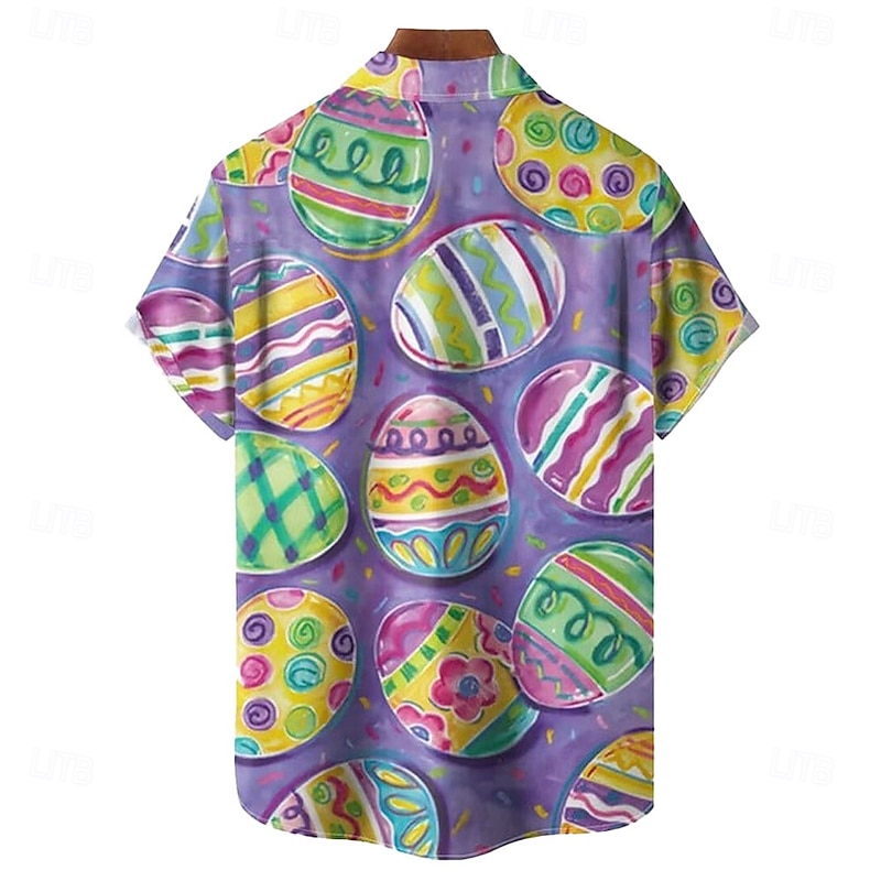 Easter Men's Easter Eggs Shirt Casual Shirt Button Up Shirt Short Sleeve Vintage Retro Vacation Holiday Festival Summer Spring Turndown 3D Print Collared Shirts Front One Pocket Purple Green2