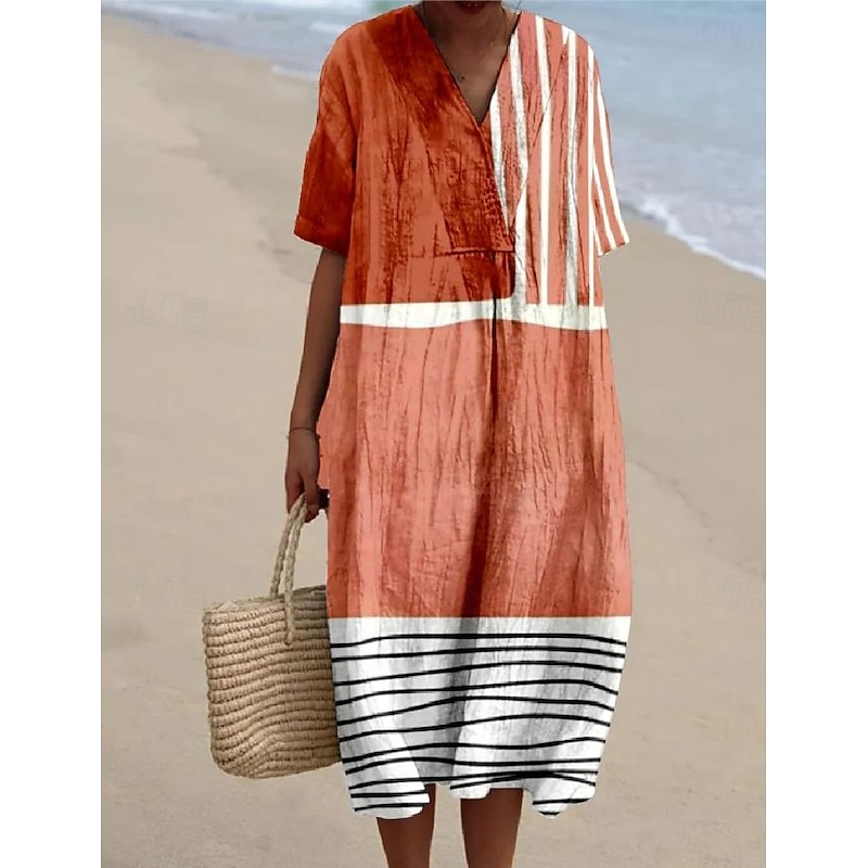 Women's Midi Dress Sundress Vacation Casual Beach Daily Going out Loose Fit Graphic Geometric Short Sleeve V Neck Blue Purple Orange Green Summer