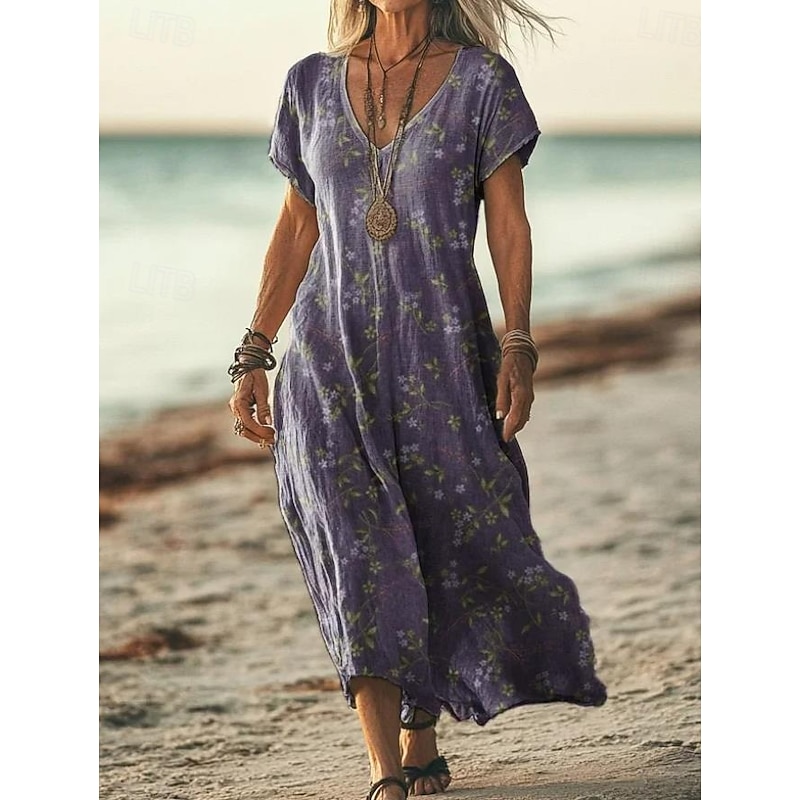 Women's Maxi Dress Casual Dress A Line Dress Bohemia Vacation Vintage Vacation Daily Regular Fit Floral Short Sleeve V Neck Yellow Purple Beige Summer Spring