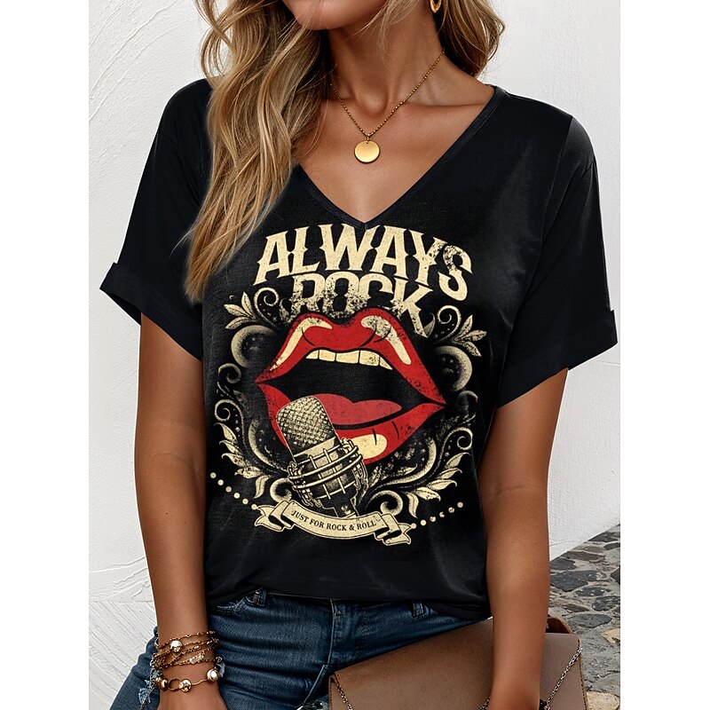 Music Festival Women's T Shirt Graphic Mouth Casual Short Sleeve V Neck Regular Tops Daily Weekend Vacation Wear Print Black Khaki Summer
